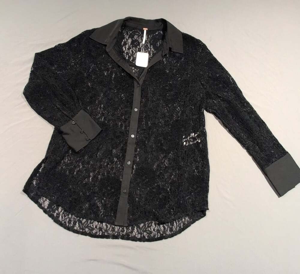 Free People Faith Lace Button Down Shirt Black Size XS New